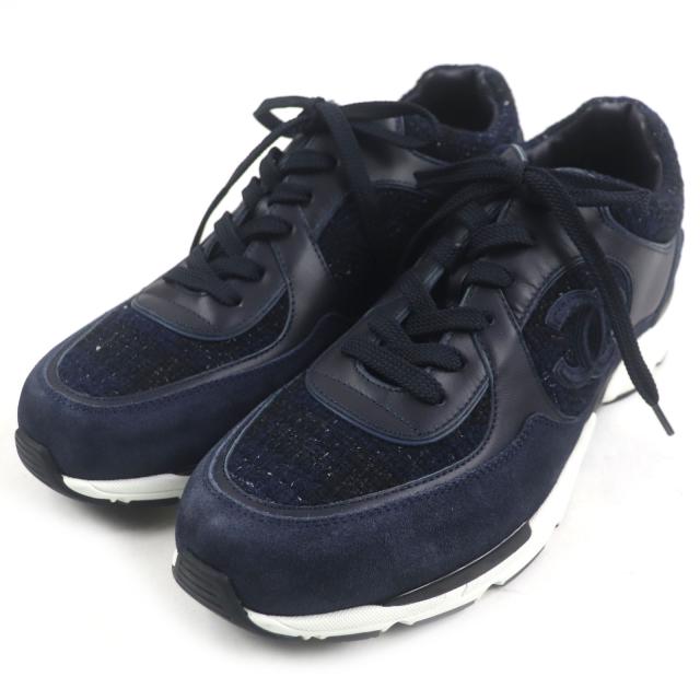 未使用品▼CHANEL シャネル G39068 キャンバス レザー スウェード ココマーク ツイード スニーカー ネイビー 43 イタリア製 メンズ