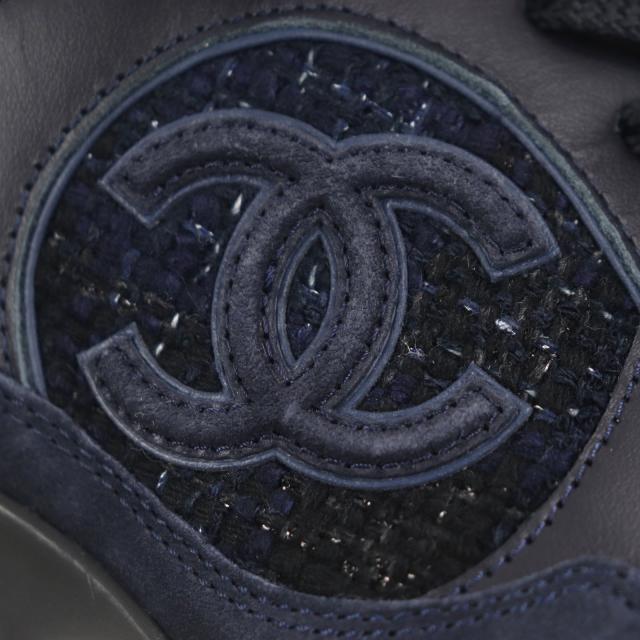 未使用品▼CHANEL シャネル G39068 キャンバス レザー スウェード ココマーク ツイード スニーカー ネイビー 43 イタリア製 メンズ_5