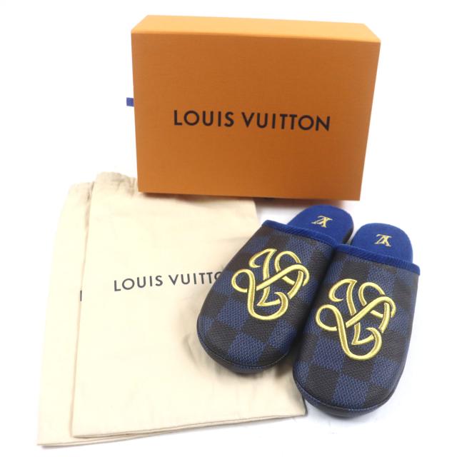未使用品▼ルイヴィトン 1ACN6H LV パレス・ライン・ミュール グレインカーフレザー ダミエ ロゴ刺繍 スリッパ サンダル 9 箱・保存袋付_1