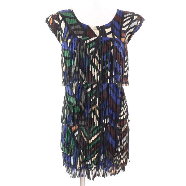 極美品★PLEATS PLEASE プリーツプリーズ イッセイミヤケ PP23-JT658 総柄 フリンジ フレンチスリーブ ワンピース チュニック マルチ 3