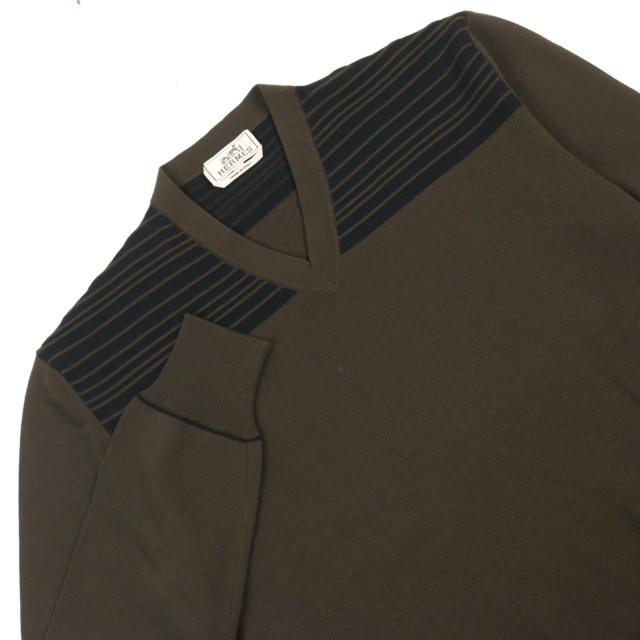 美品○HERMES エルメス ウール100% Vネック バイカラー ショルダーボーダー柄 ニット カーキグリーン系 XL イタリア製 正規品 メンズ_1