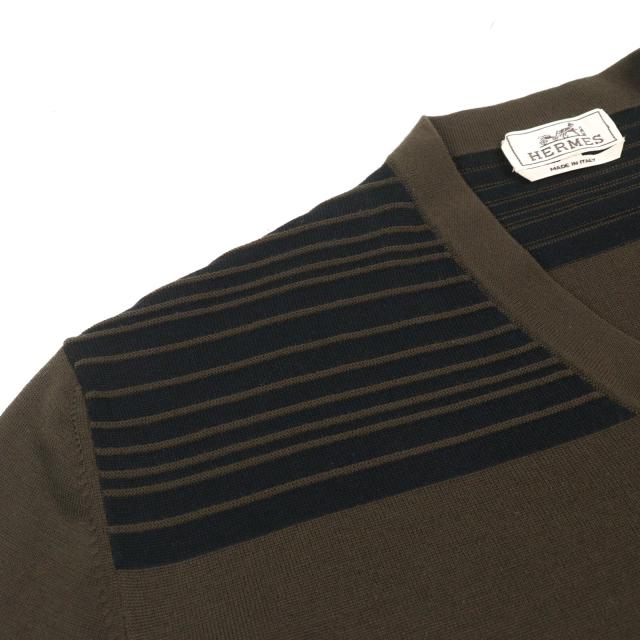 美品○HERMES エルメス ウール100% Vネック バイカラー ショルダーボーダー柄 ニット カーキグリーン系 XL イタリア製 正規品 メンズ_3