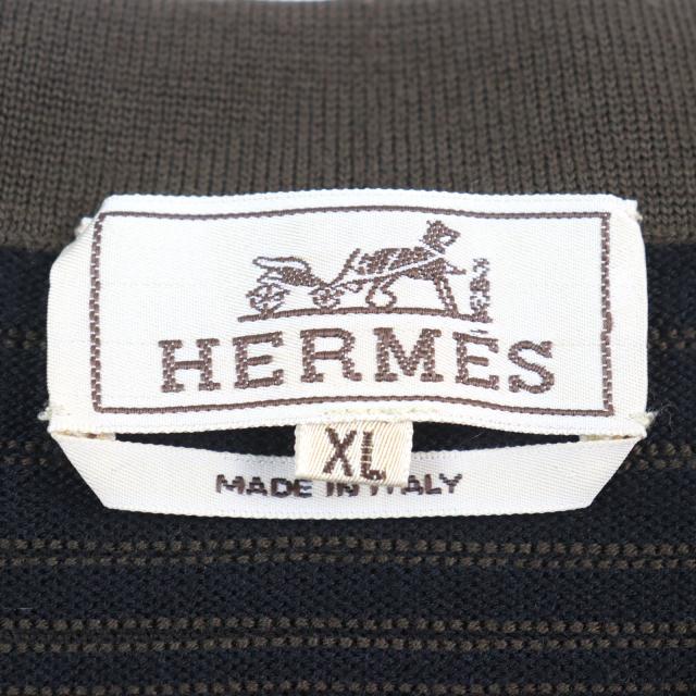 美品○HERMES エルメス ウール100% Vネック バイカラー ショルダーボーダー柄 ニット カーキグリーン系 XL イタリア製 正規品 メンズ_5