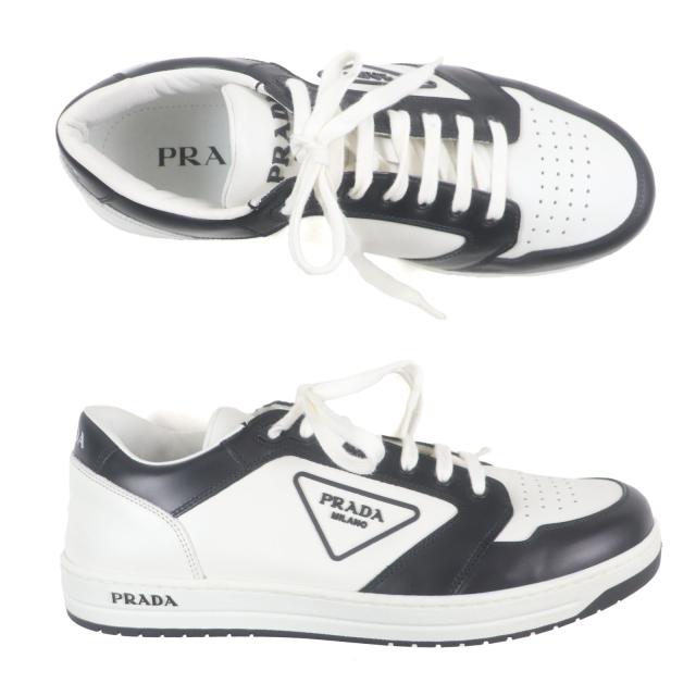 極美品▼PRADA プラダ 2EE363 レザー トライアングルロゴ 三角プレート ローカットスニーカー ホワイト ブラック 8 イタリア製 メンズ