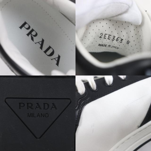 極美品▼PRADA プラダ 2EE363 レザー トライアングルロゴ 三角プレート ローカットスニーカー ホワイト ブラック 8 イタリア製 メンズ