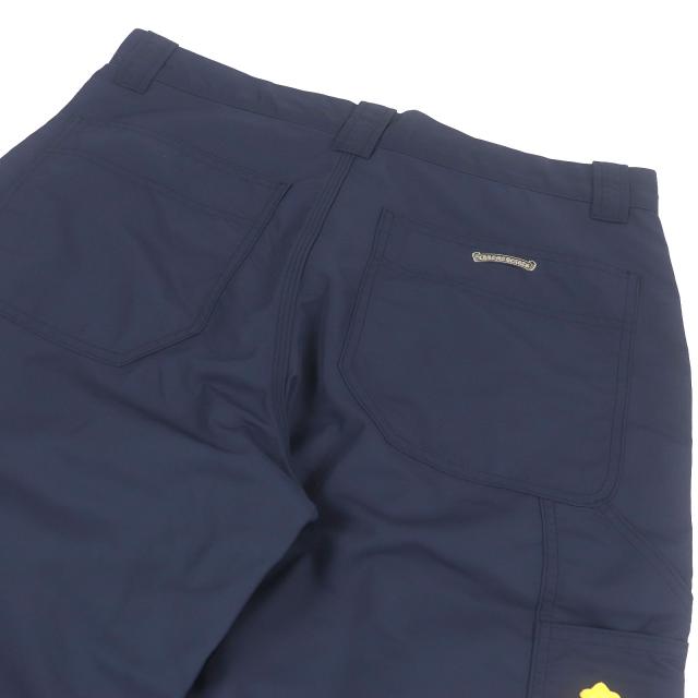 美品□CHROME HEARTS クロムハーツ セメタリークロスパッチ レザー切り替え カーペンター ロングパンツ ナイロンパンツ ブルー 34 USA製 美品□CHROME HEARTS クロムハーツ セメタリークロスパッチ レザー