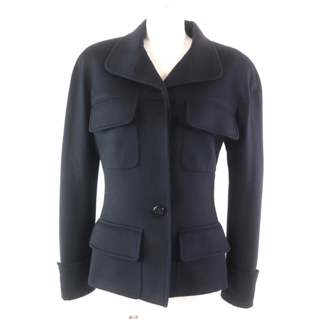 極美品★CHANEL シャネル 98A P12245 カシミヤ100％ ココマークボタン付 ジャケット ダークネイビー 38 フランス製 正規品 レディース