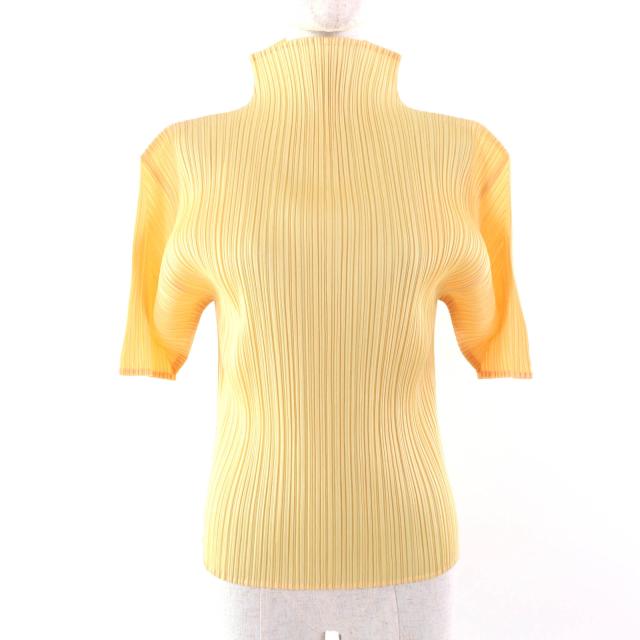 極美品★PLEATS PLEASE プリーツプリーズ イッセイミヤケ PP12-JK408 ハイネック プリーツ 半袖 カットソー イエロー 4 日本製 正規品