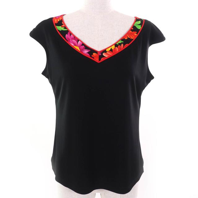 極美品△LEONARD FASHION レオナール ファッション 一部総柄デザイン ノースリーブ カットソー トップス ブラック マルチカラー L 正規品