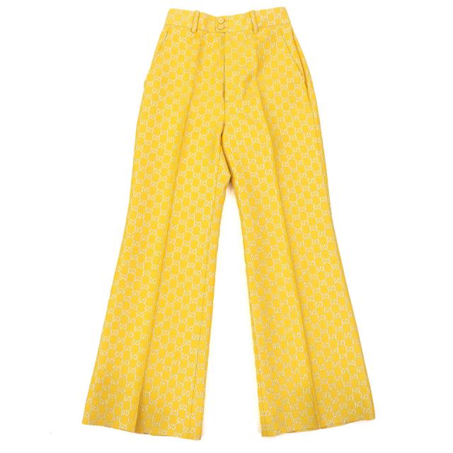 極美品△GUCCI グッチ 20AW 627877 ウール シルク GGジャガード フレアパンツ ベルボトム トラウザー イエロー シルバー 36 伊製 正規品
