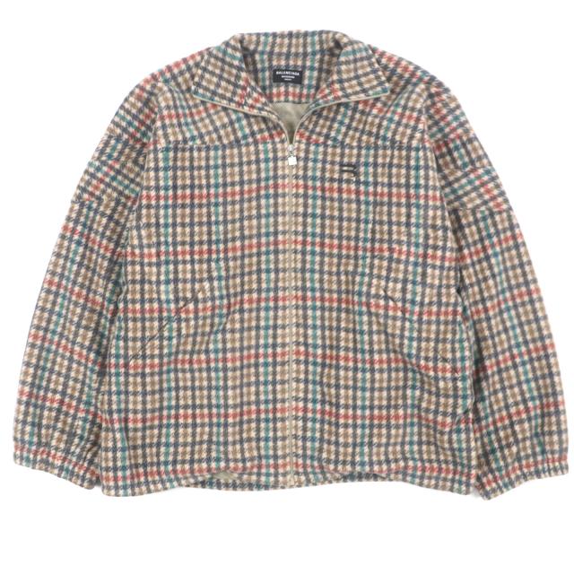 美品▼バレンシアガ ワードローブ 21AW 675648 TRACKSUIT JAKET スポーティB チェック柄 ロゴ刺繍 ZIPUP フリースジャケット 46 正規品