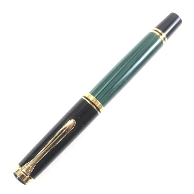 美品▼PERIKAN ペリカン M400 スーベレーン 14K Fニブ ストライプ柄 ロゴ刻印入り 万年筆 グリーン ブラック ゴールド ドイツ製 メンズ_1
