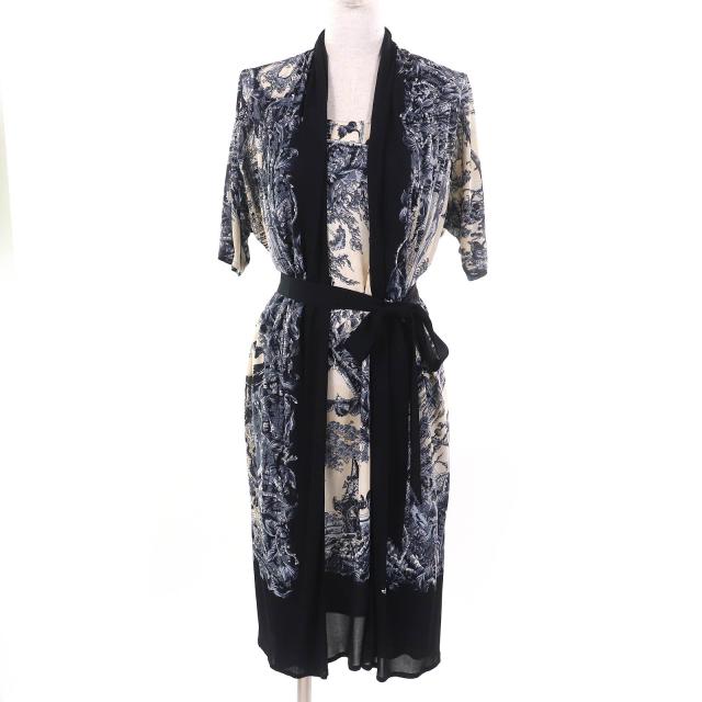 美品△HERMES エルメス FANTAISIE PITTORESQUE ピトレスクな夢 ベルト付 シフォン ワンピース ネイビー ブルー ベージュ 34 仏製 正規品