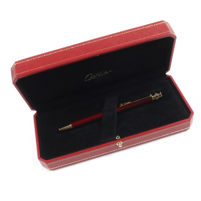 極美品○Cartier カルティエ サントス ドゥ カルティエ ロゴ刻印 ツイスト式 ボールペン ボルドー ゴールド ケース付き 筆記確認済み_1