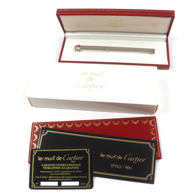 美品▼Cartier カルティエ ヴィンテージ トリニティ ストライプ柄 キャップ式 ボールペン メタルシルバー 箱・ケース付き フランス製_1