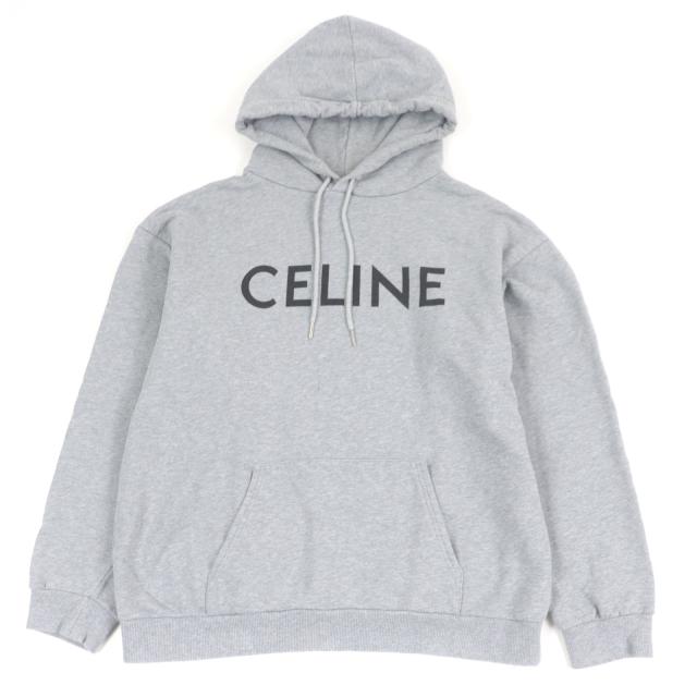 美品□CELINE セリーヌ 2Y321670Q コットン100％ ロゴプリント ルーズフーディー プルオーバーパーカー グレー XL イタリア製 正規品