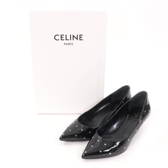 極美品★CELINE セリーヌ スタッズ付 ポインテッドトゥ パテントレザー パンプス ブラック シルバー金具 36.5 箱付き イタリア製_1