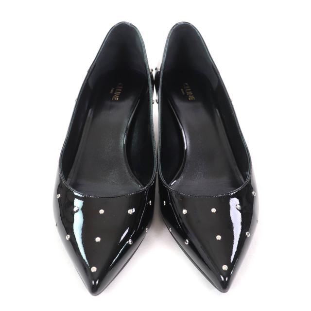 極美品★CELINE セリーヌ スタッズ付 ポインテッドトゥ パテントレザー パンプス ブラック シルバー金具 36.5 箱付き イタリア製_3