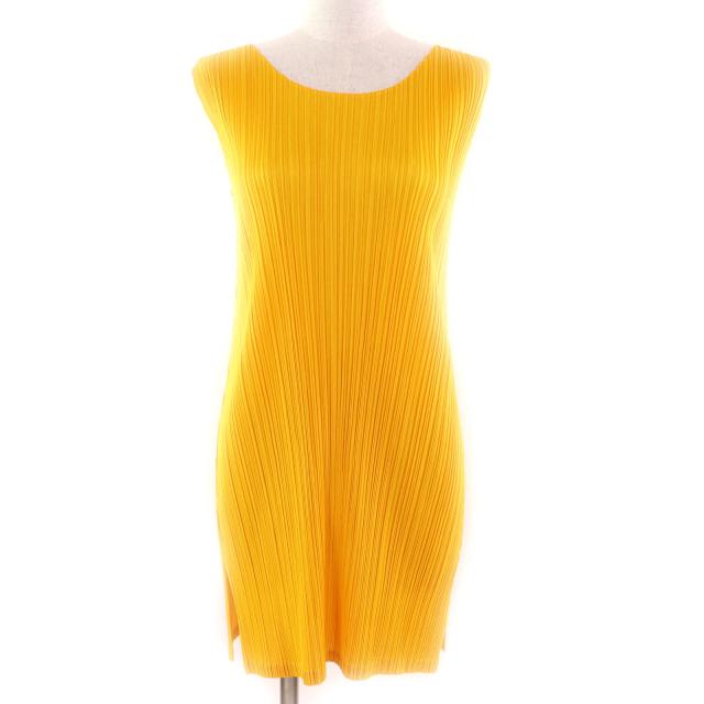 極美品★PLEATS PLEASE プリーツプリーズ イッセイミヤケ PP51-JT207 ノースリーブ チュニック ワンピース イエロー 3 日本製 正規品