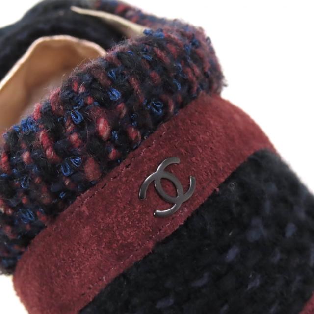 美品△CHANEL シャネル G30422 ココマーク ツイード切替 スウェードレザー使 スニーカー メタリックイエロー ブラック ブラウン 35 袋付_8