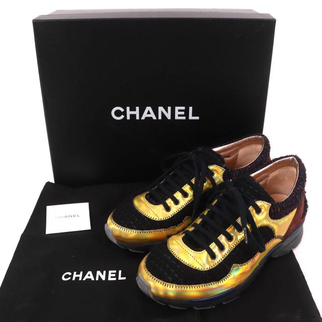 美品△CHANEL シャネル G30422 ココマーク ツイード切替 スウェードレザー使 スニーカー メタリックイエロー ブラック ブラウン 35 袋付_1
