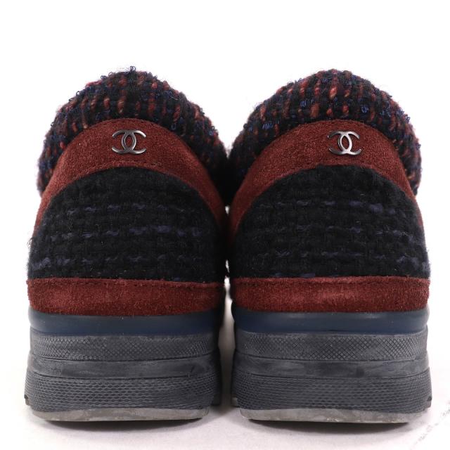 美品△CHANEL シャネル G30422 ココマーク ツイード切替 スウェードレザー使 スニーカー メタリックイエロー ブラック ブラウン 35 袋付_5