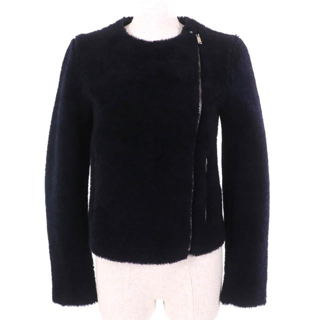 極美品△CELINE セリーヌ 2 5K10/5525 フィービー期 ラムスキン ムートン シアリング ノーカラー ライダース ジャケット 紺色 34 正規品