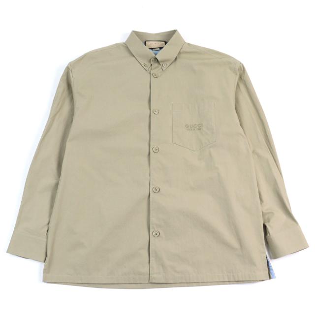 極美品○GUCCI グッチ 24SS 762164 コットン100% ロゴ刺繍 ボタンダウン ポケット付き 長袖シャツ カーキ 52 イタリア製 正規品 メンズ