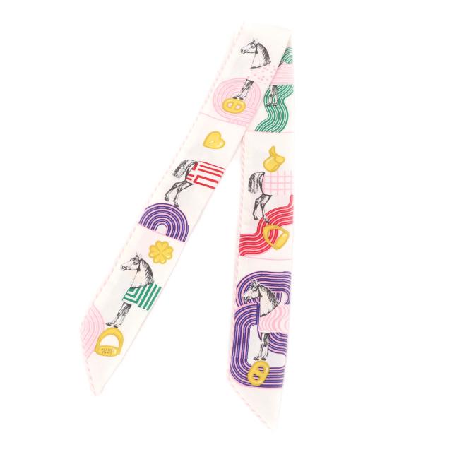 未使用品★HERMES エルメス Garde Robe Pop ガルド ローブ ポップ シルク100％ BLANC/MULTI COLORE ツイリー スカーフ 仏製 レディース