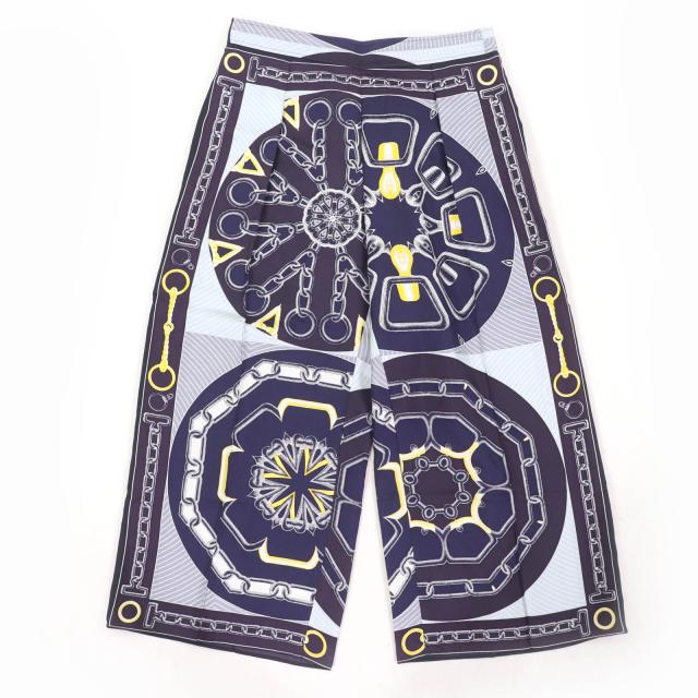 未使用品☆HERMES エルメス カレイドスコープ・エフェクト シルク100％ クロップドパンツ ネイビー 40 フランス製 正規品 レディース