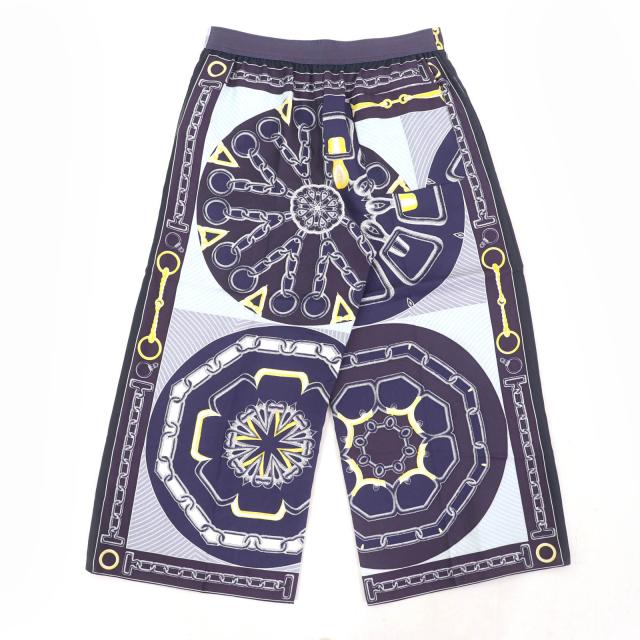 未使用品☆HERMES エルメス カレイドスコープ・エフェクト シルク100％ クロップドパンツ ネイビー 40 フランス製 正規品 レディース_1