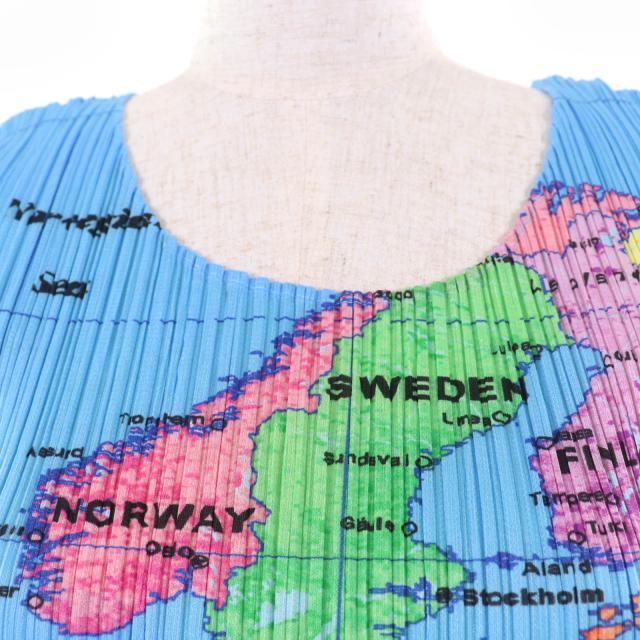 極美品☆PLEATS PLEASE プリーツプリーズ イッセイミヤケ PP81-JK591 世界地図 ノースリーブ カットソー マルチカラー 3 日本製 正規品 レディース PLEATS PLEASE ISSEY MIYAKE - プリーツプリーズ PLEATS PLEASE WORLD