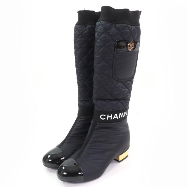 美品☆CHANEL シャネル G38428 ココマーク金具付 ロゴデザイン パテントレザー使い キルティング レザー 2WAY ロングブーツ ブラック 36