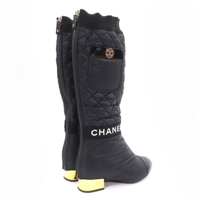 美品☆CHANEL シャネル G38428 ココマーク金具付 ロゴデザイン パテントレザー使い キルティング レザー 2WAY ロングブーツ ブラック 36_1