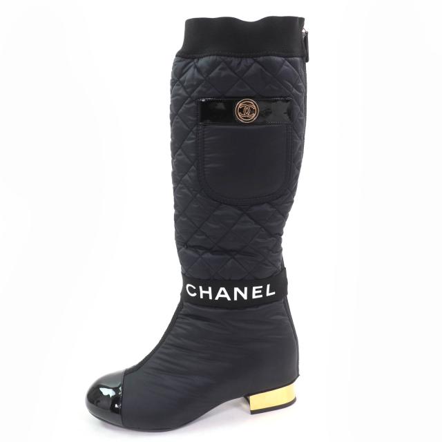 美品☆CHANEL シャネル G38428 ココマーク金具付 ロゴデザイン パテントレザー使い キルティング レザー 2WAY ロングブーツ ブラック 36_3