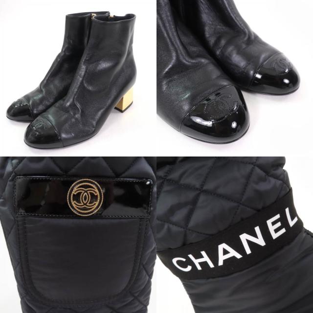 美品☆CHANEL シャネル G38428 ココマーク金具付 ロゴデザイン パテントレザー使い キルティング レザー 2WAY ロングブーツ ブラック 36_7