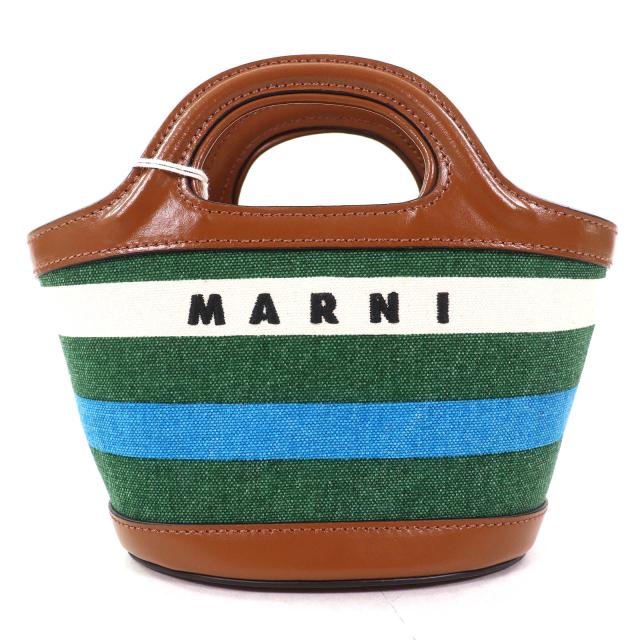 未使用品△MARNI マルニ 2022年製 BMMP0096Q0 TROPICALIA トロピカリア ロゴ刺繍 レザー使い ストライプ ハンドバッグ ショルダーバッグ
