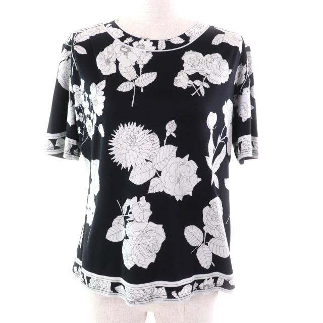 美品★LEONARD FASHION レオナール ファッション コットン100％ 花柄 クルーネック 半袖 カットソー ブラック ホワイト L 日本製