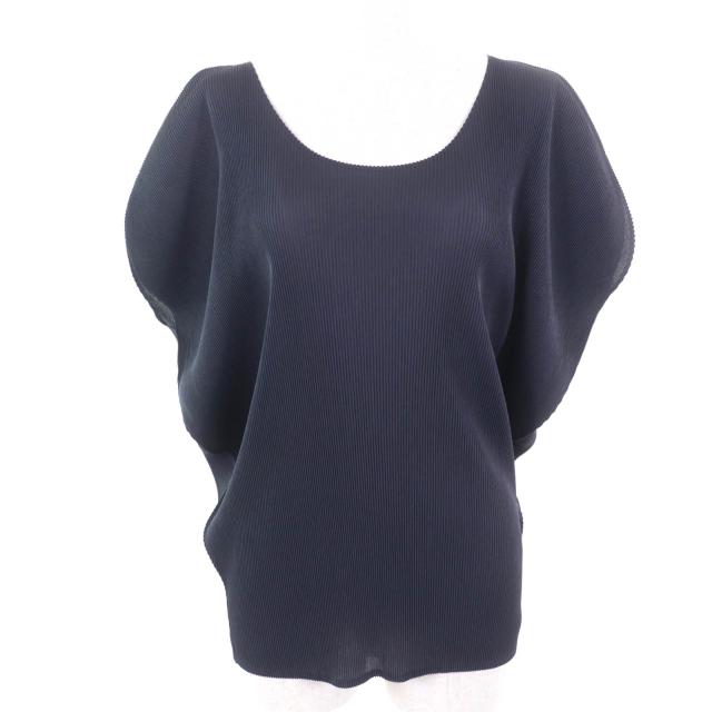 極美品★PLEATS PLEASE プリーツプリーズ イッセイミヤケ PP11-FK794 クルーネック フレンチスリーブ プリーツ カットソー ネイビー 3