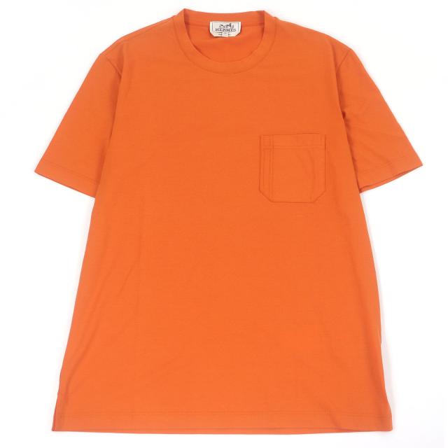 未使用品□HERMES エルメス コットン100％ Hロゴ刺繍 クルーネック 半袖ポケットＴシャツ カットソー オレンジ M イタリア製 正規品
