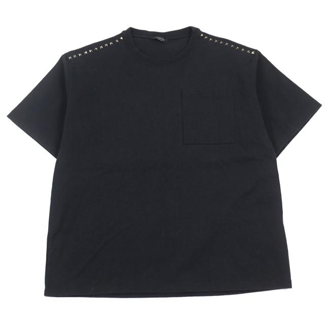 美品○VALENTINO ヴァレンティノ UV3MG08I6M9 ロックスタッズ クルーネック ポケット付き 半袖Ｔシャツ ブラック系 L 伊製 正規品 メンズ