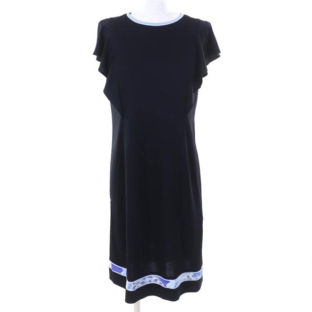美品△LEONARD FASHION レオナール ファッション 一部花柄 クルーネック 半袖 ワンピース ネイビー 38 日本製 正規品 レディース