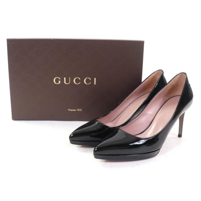 極美品★GUCCI グッチ 388314 インターロッキングG ポインテッドトゥ パテントレザー パンプス ブラック 36 箱付 イタリア製 レディース_1