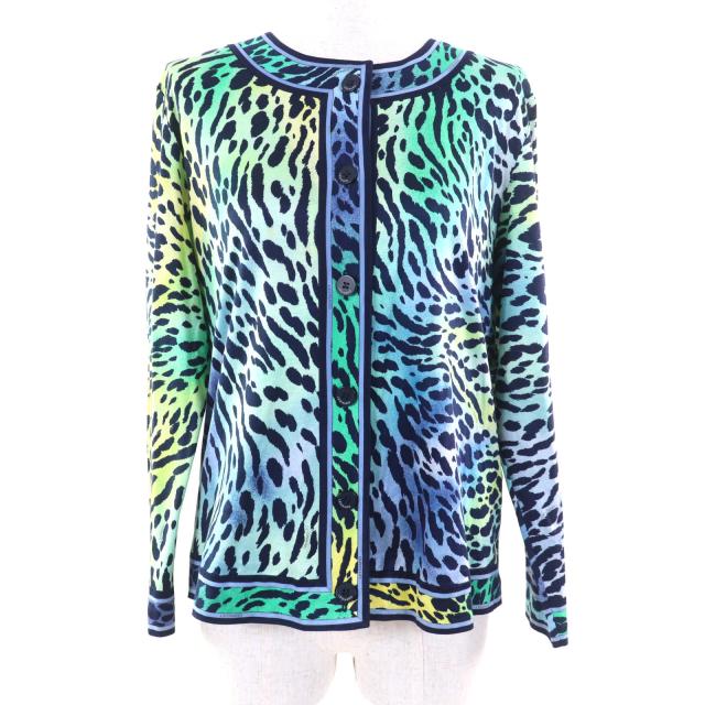 良品★LEONARD FASHION レオナール ファッション コットン100％ ロゴボタン付 グラデーション レオパード柄 カーディガン L 正規品