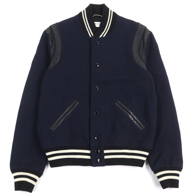 極美品○SAINT LAURENT PARIS サンローランパリ 354718 エディ期 レザー切替 スタジャン テディジャケット ネイビー系 44 メンズ