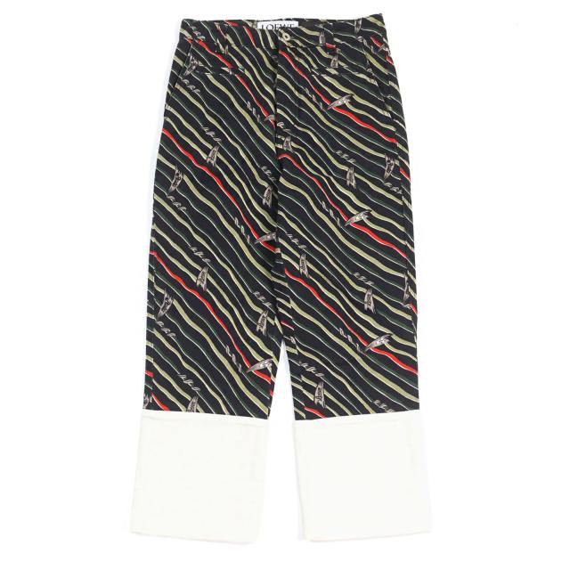 美品○LOEWE×Paulas Ibiza  ロエベ×パウラズイビザ H2282480IB ロゴ刺繍 レザーパッチ付フィッシャーマンパンツ 総柄44 正規品 メンズ