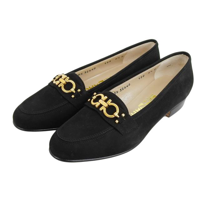 極美品▲Salvatore Ferragamo サルヴァトーレフェラガモ BABS ダブルガンチーニ ヌバックレザー パンプス ブラック ゴールド金具 5.5 箱付