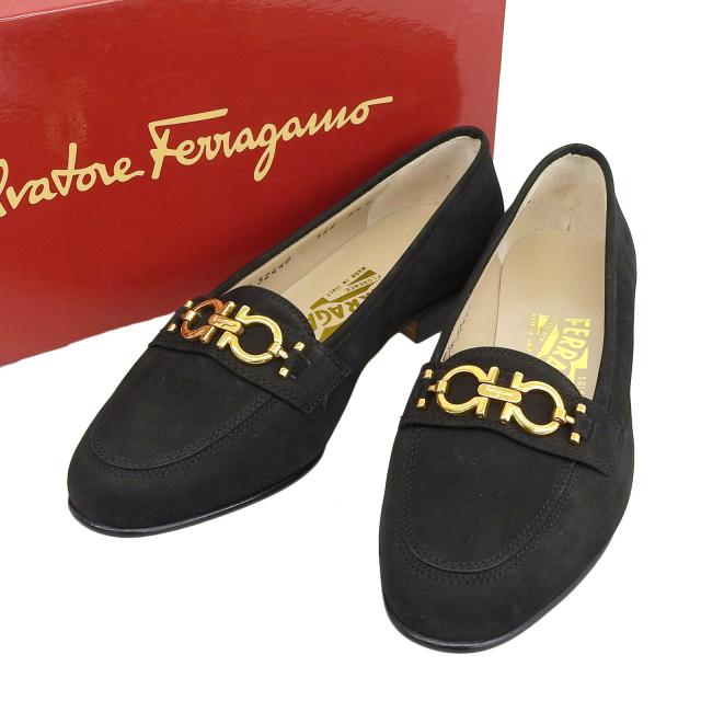 極美品▲Salvatore Ferragamo サルヴァトーレフェラガモ BABS ダブルガンチーニ ヌバックレザー パンプス ブラック ゴールド金具 5.5 箱付_1