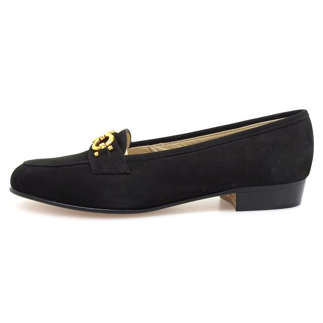 極美品▲Salvatore Ferragamo サルヴァトーレフェラガモ BABS ダブルガンチーニ ヌバックレザー パンプス ブラック ゴールド金具 5.5 箱付_2
