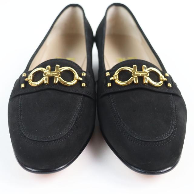 極美品▲Salvatore Ferragamo サルヴァトーレフェラガモ BABS ダブルガンチーニ ヌバックレザー パンプス ブラック ゴールド金具 5.5 箱付_3
